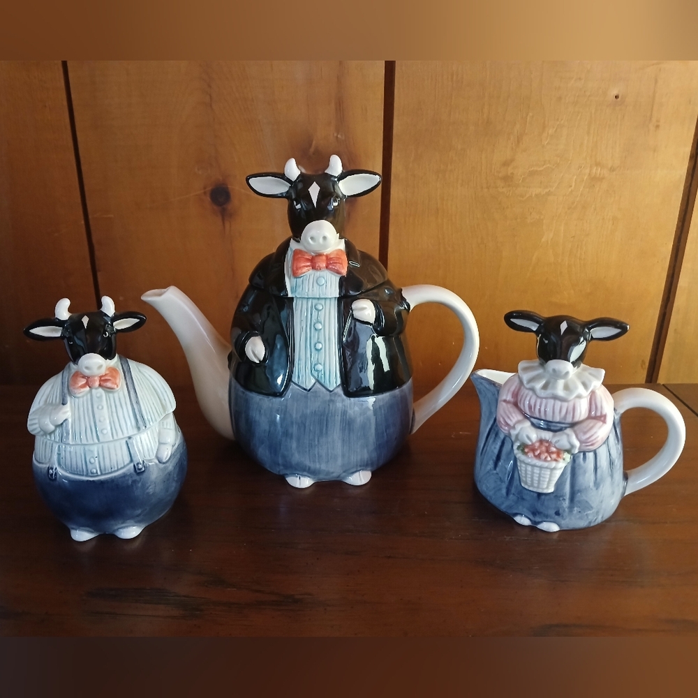 Vintage Otagiri Holstein Cow Tea Coffee Set Teapot Creamer Sugar Bowl
